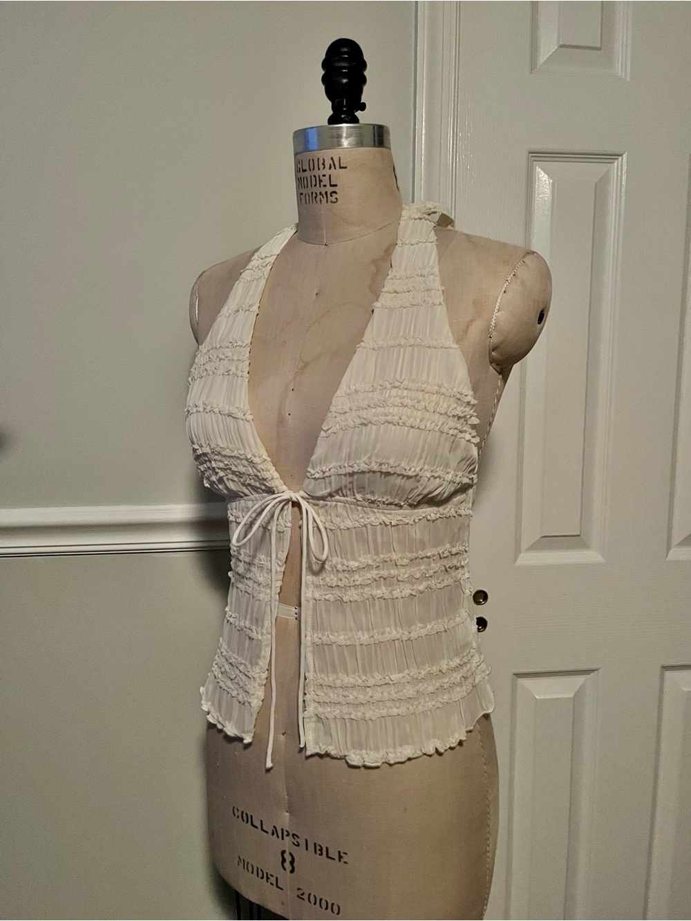 Princess Polly Cream Ruffled Halter Tie-Front Tank